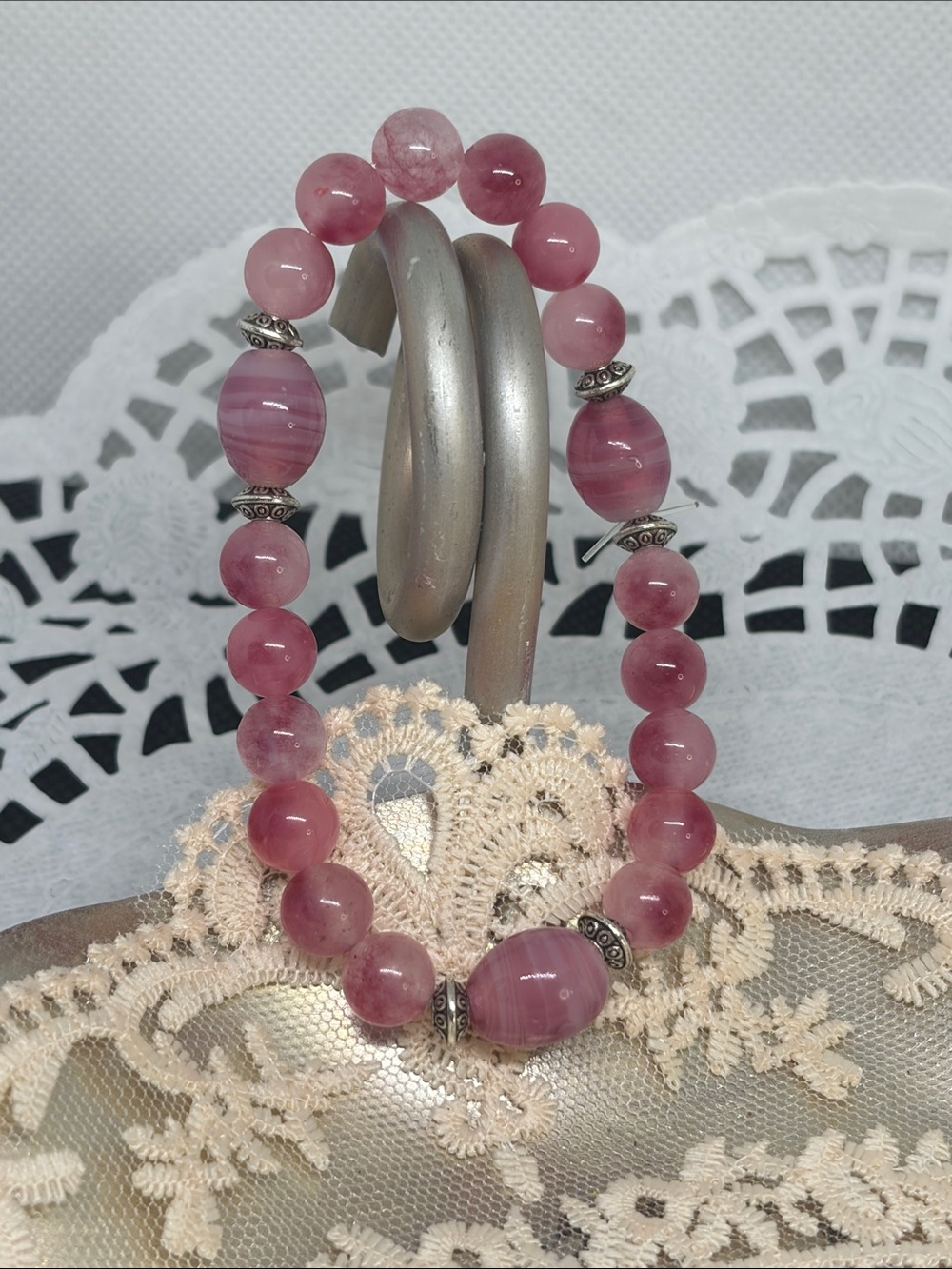 Handmade Genuine Pink Chalcedony & Vintage Lampwork Bead Bracelet boho romantic